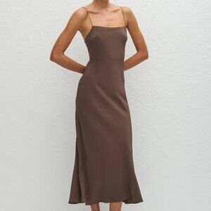 MATTEAU Silk Square Slip Dress In Truffle. Size 3.